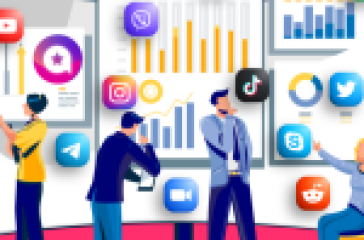 A group of people working together on a computer screen with various social media icons and graphs displayed.