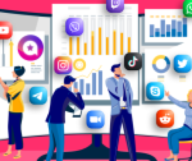 A group of people working together on a computer screen with various social media icons and graphs displayed.