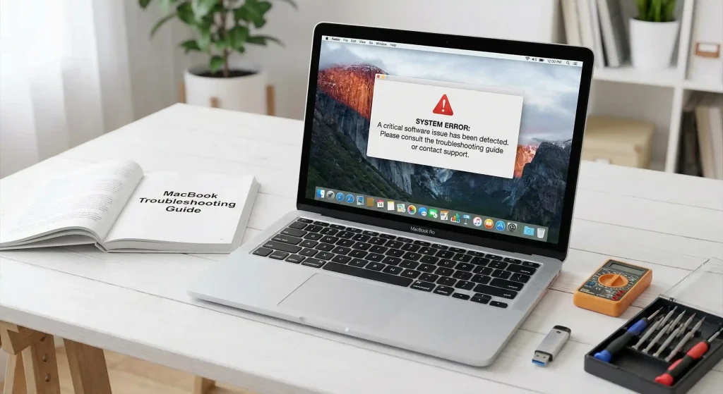 MacBook laptop displaying error alert message on screen with troubleshooting guide book and diagnostic tools on white desk