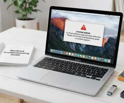 Macbook Laptop Displaying Error Alert Message On Screen With Troubleshooting Guide Book And Diagnostic Tools On White Desk