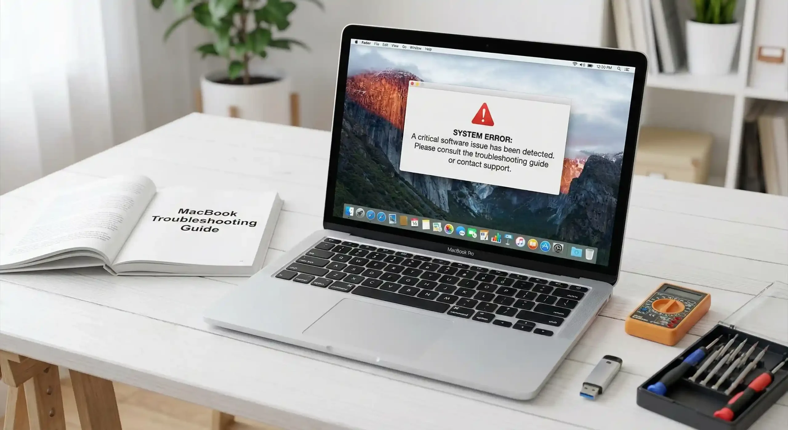 MacBook laptop displaying error alert message on screen with troubleshooting guide book and diagnostic tools on white desk
