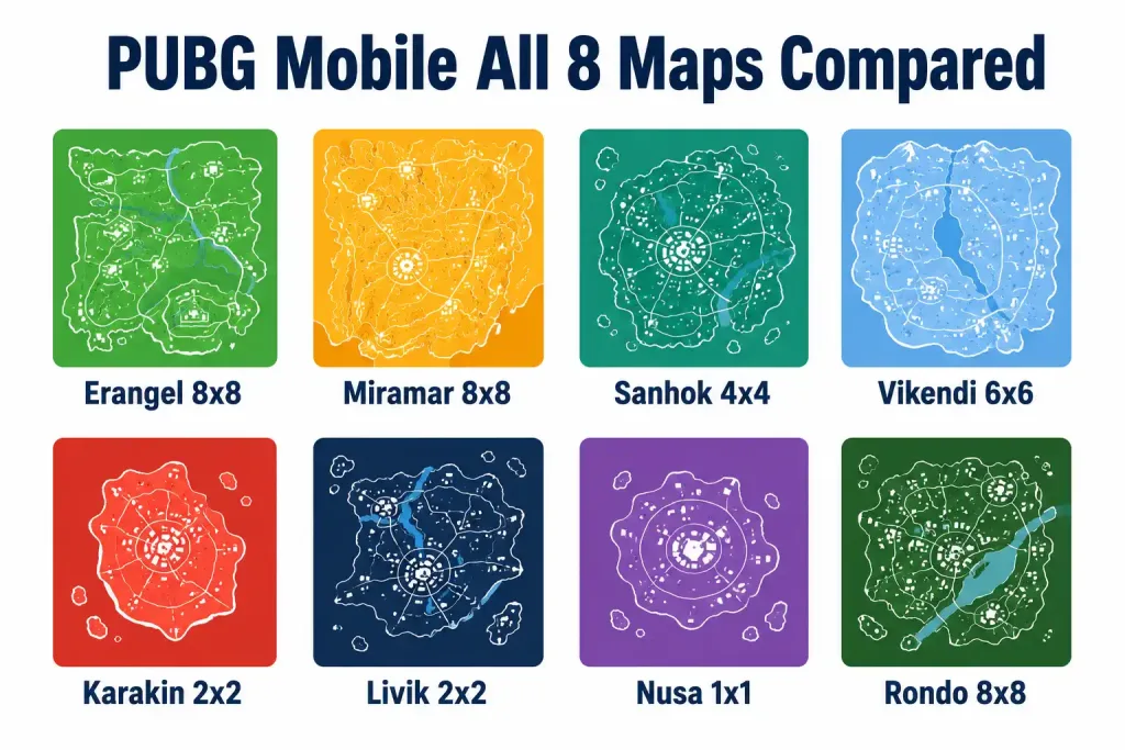 Pubg Mobile: A Battle Royale Spectacle 2 Grid Of Eight Colored Squares Representing Pubg Mobile'S Maps With Their Sizes: Erangel, Miramar, Sanhok, Vikendi, Karakin, Livik, Nusa, And Rondo