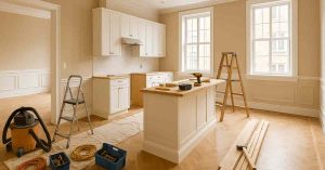 Renovated luxury apartment interior with elegant kitchen, hardwood floors, and large windows.