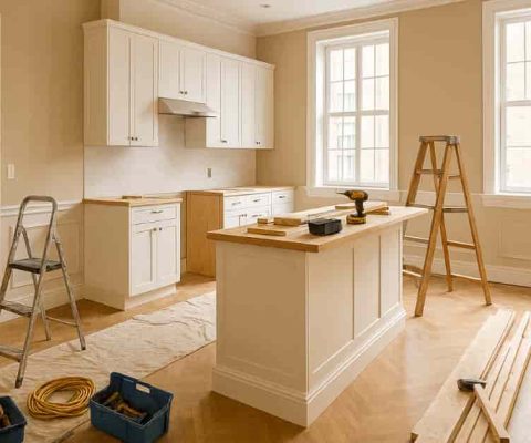 Renovated Luxury Apartment Interior With Elegant Kitchen, Hardwood Floors, And Large Windows.