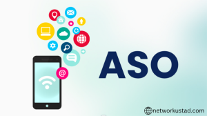 A smartphone with various colorful app icons, including social media, email, search, and home, emerging from its screen, accompanied by the acronym "ASO" on a light background.