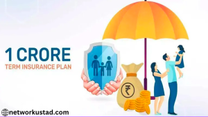 1 Crore Term Insurance Plan illustration with an umbrella, family, shield, and financial symbols.