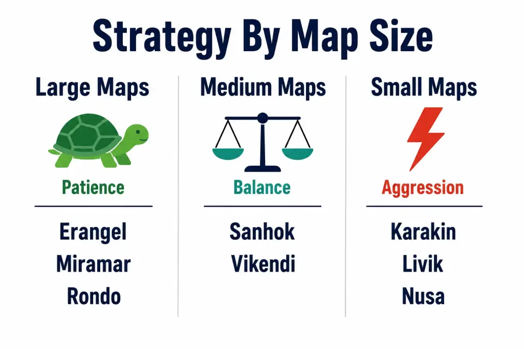 Pubg Mobile: A Battle Royale Spectacle 4 Three-Column Comparison Showing Recommended Strategy Approach For Large, Medium, And Small Pubg Mobile Maps