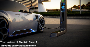 An electric car charging at a charging station.