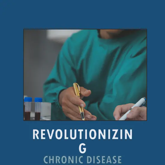 "A medical professional in a green gown holding a pen and pointing at a document, with test tubes containing blood samples nearby