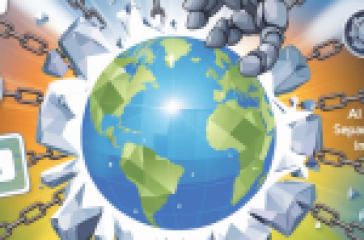 An illustration of a globe breaking through chains, symbolizing freedom or progress in the digital world, surrounded by icons of AI, cybersecurity, and digital tools, with a robotic hand and text reading, "AI Content Detection: Separating Fact From Fiction in the Digital Age.