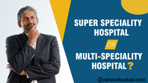 A man in formal attire thoughtfully considering the differences between super speciality and multi-speciality hospitals, with bold text highlighting the topic.