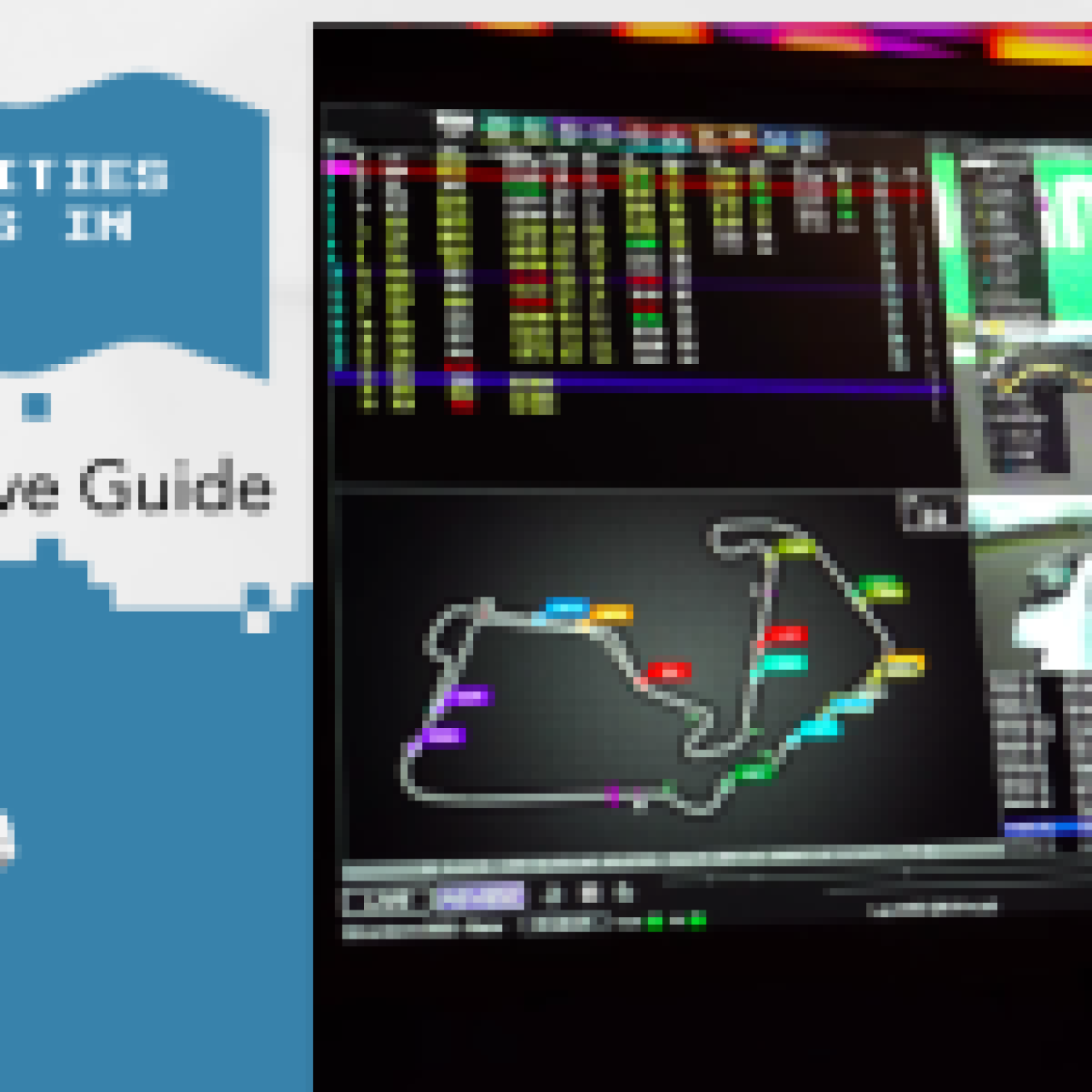 Split image featuring a blue pixelated graphic promoting 'Best Activities for Gamers in London' with Mario, alongside a computer screen showcasing a racing simulation with detailed data and camera views.