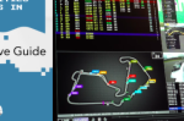 Split image featuring a blue pixelated graphic promoting 'Best Activities for Gamers in London' with Mario, alongside a computer screen showcasing a racing simulation with detailed data and camera views.