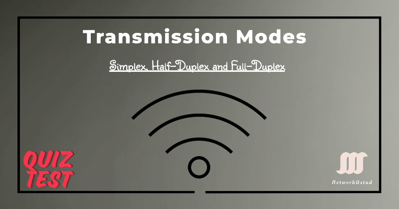 Quiz Test: Transmission modes with symbols representing simplex, half-duplex, and full-duplex communication.