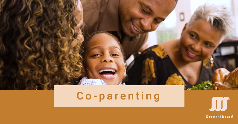 Two interconnected figures symbolizing co-parenting collaboration, with a network of supportive connections in the background