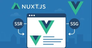 Illustration of Nuxt.js framework enhancing Vue.js for modern web development with SSR and SSG features.