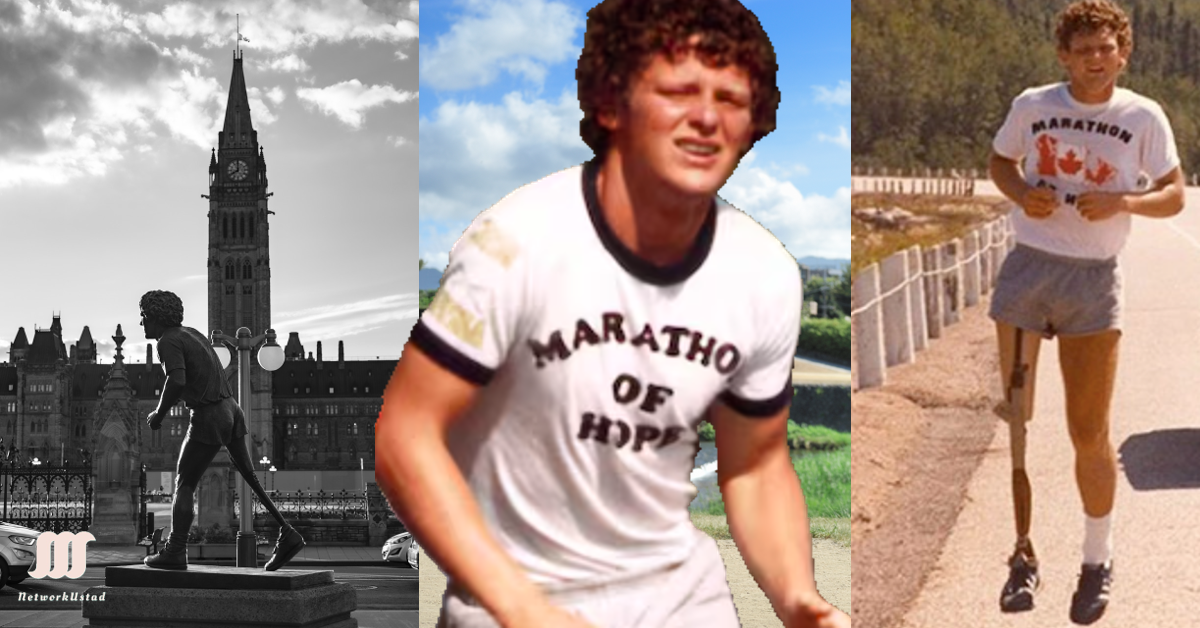 Terry Fox running with prosthetic leg during Marathon of Hope, determined expression, Canadian landscape backdrop