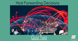 Interactive quiz interface with networking questions on host forwarding decisions, subnet masks, and routing logic