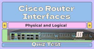 Cisco router interfaces quiz on a laptop screen with multiple-choice questions and CLI examples.