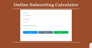 An illustration of an IP subnet calculator interface, showcasing fields for IP address input, subnet mask selection, and calculated results like network address, broadcast address, and usable IP range.