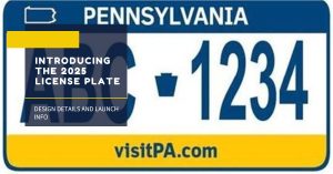 Close-up of New Pennsylvania License Plate 2025 design featuring the Liberty Bell graphic, bold 'THE2025' text, and the slogan 'Let Freedom Ring' on a white background with blue typography and numbering.