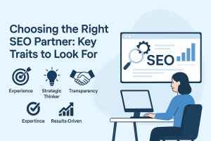 Illustration of a woman working at a computer with SEO icons and traits like experience, strategy, and transparency displayed on screen.