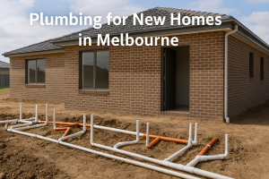 Newly built brick home in Melbourne with exposed PVC plumbing pipes during construction.
