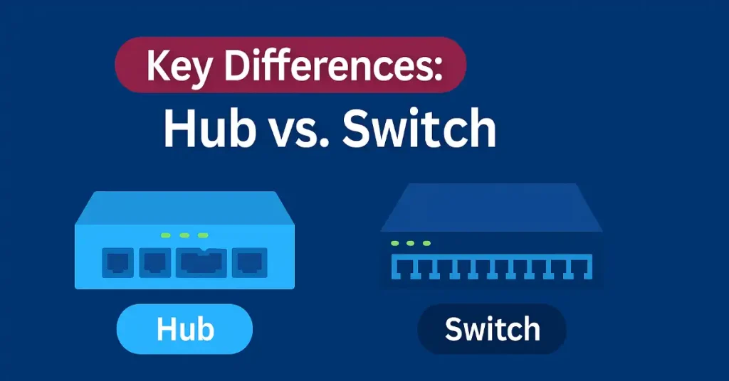 Stylized comparison of switch vs. hub showing port differences and labeled for networking education.