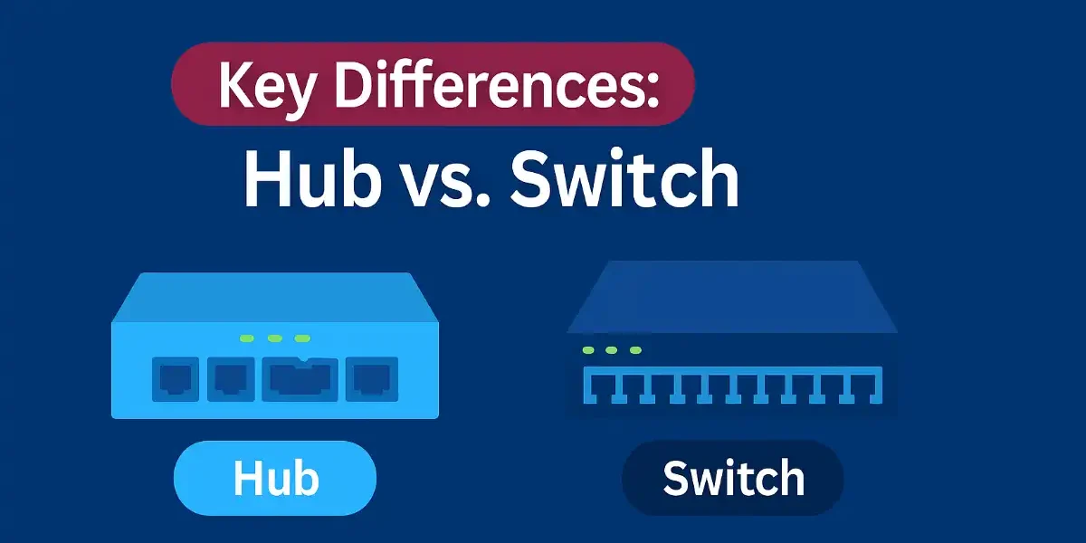 Stylized comparison of switch vs. hub showing port differences and labeled for networking education.