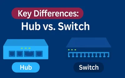 Stylized comparison of switch vs. hub showing port differences and labeled for networking education.