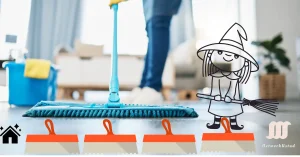 Person cleaning a modern living room with a mop and cleaning supplies