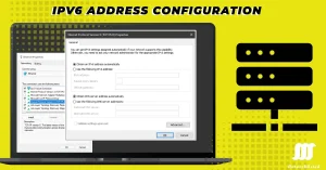 Screenshot of IPv6 address configuration window on a laptop screen, showing options for automatic and manual setup.