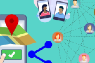 Illustration of peer-to-peer communication with smartphones, a map, and interconnected user icons.