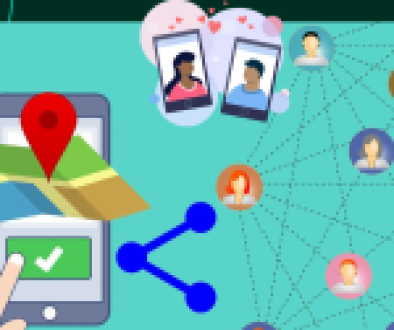 Illustration of peer-to-peer communication with smartphones, a map, and interconnected user icons.