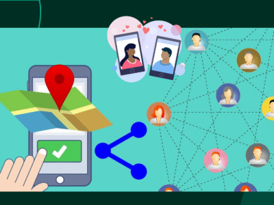 Illustration of peer-to-peer communication with smartphones, a map, and interconnected user icons.