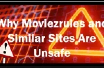 A digital warning sign reading "Why Moviezrules and Similar Sites Are Unsafe" with a glowing triangular warning symbol, binary code background, and scattered caution icons like a red alert light and skull-and-crossbones. The Networkustad logo is at the bottom right corner.