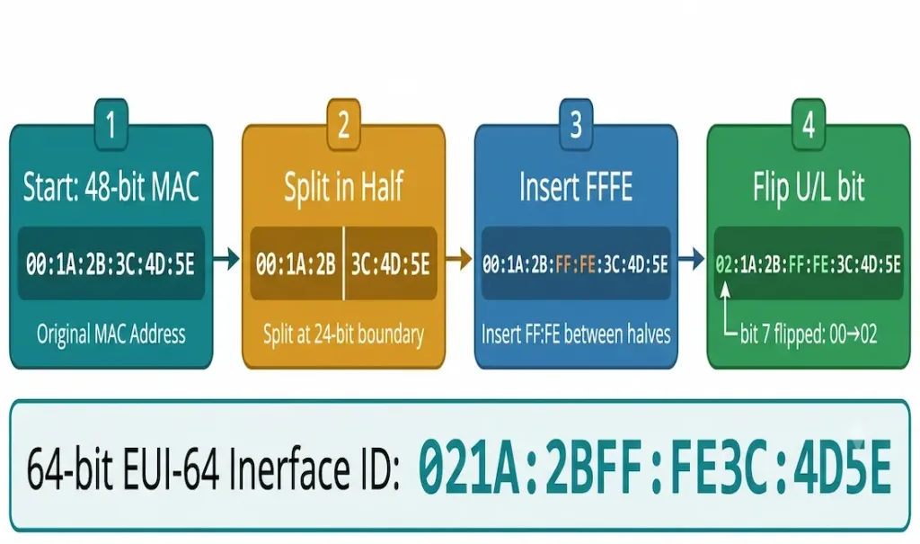 Router Advertisement (Ra) Messages: Ipv6 Auto-Configuration Explained 3 Four-Step Eui-64 Process Diagram Showing How A 48-Bit Mac Address 00:1A:2B:3C:4D:5E Is Converted To A 64-Bit Ipv6 Interface Id 021A:2Bff:fe3C:4D5E By Splitting The Mac, Inserting Fffe, And Flipping The Universal/Local Bit