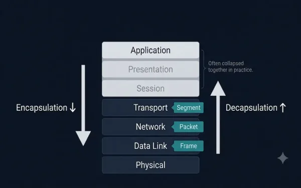 Vertical Osi Seven-Layer Stack Showing Encapsulation Flowing Downward And Decapsulation Flowing Upward, With Segment, Packet, And Frame Pdu Labels Highlighted At The Transport, Network, And Data Link Layers Respectively