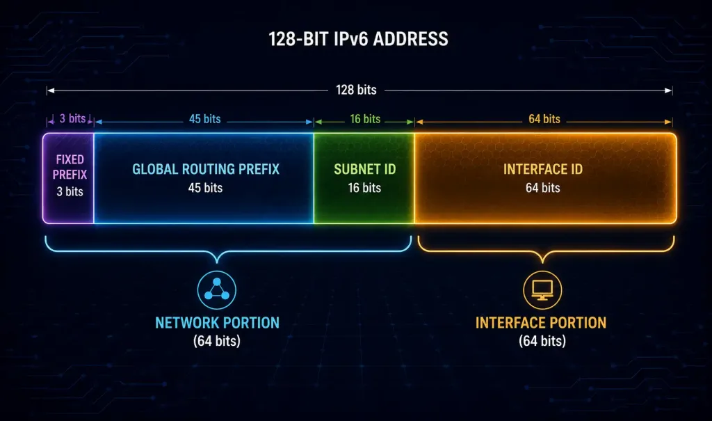Ipv6 Address Types Explained: Unicast, Multicast, And Anycast 3 Bit-Field Diagram Showing A Global Unicast Ipv6 Address Broken Into A 3-Bit Fixed Prefix, 45-Bit Global Routing Prefix, 16-Bit Subnet Id, And 64-Bit Interface Id, With The First Three Fields Bracketed Together As The 64-Bit Network Portion