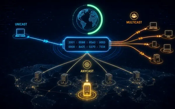 Central Ipv6 Address Block Radiating Three Distinct Communication Patterns Representing Unicast, Multicast, And Anycast Delivery, With A Progress Ring Showing Global Ipv6 Adoption Just Past The Halfway Point