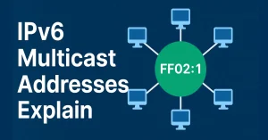 Illustration of IPv6 multicast concept showing the all-nodes address FF02::1 centrally connecting multiple computer devices in a network.
