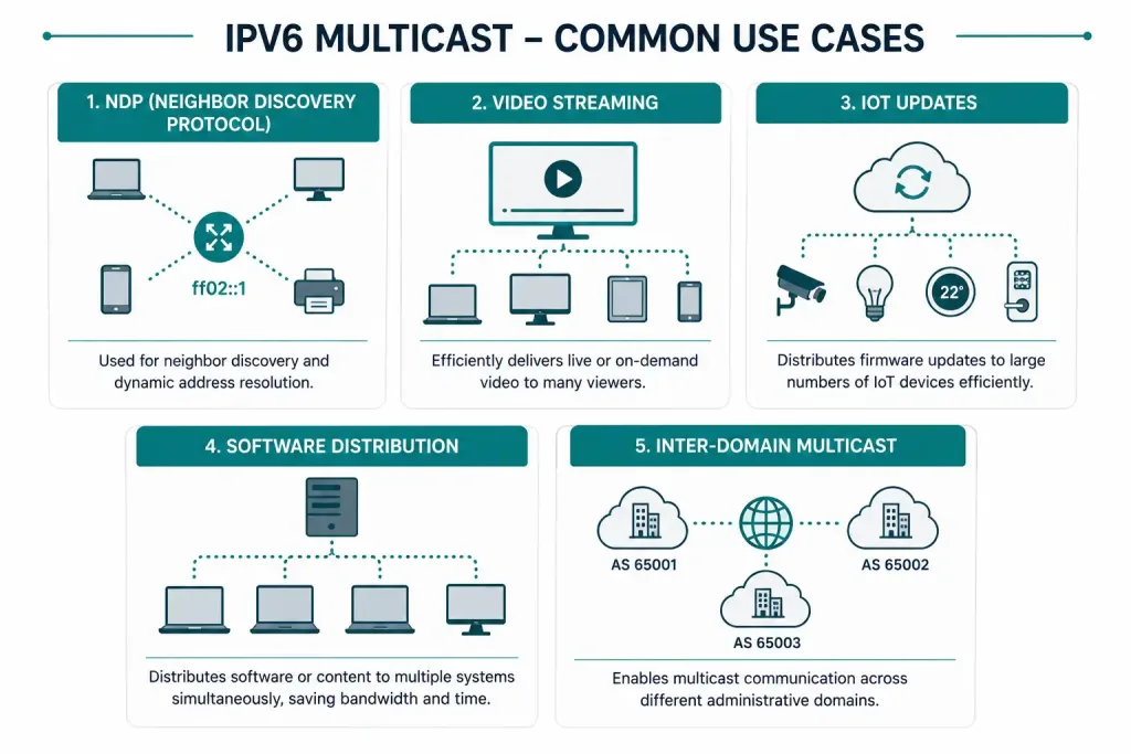 Ipv6 Multicast Addresses Explained: Structure, Types, And Configuration 5 Grid Showing Five Real-World Use Cases For Ipv6 Multicast Addressing