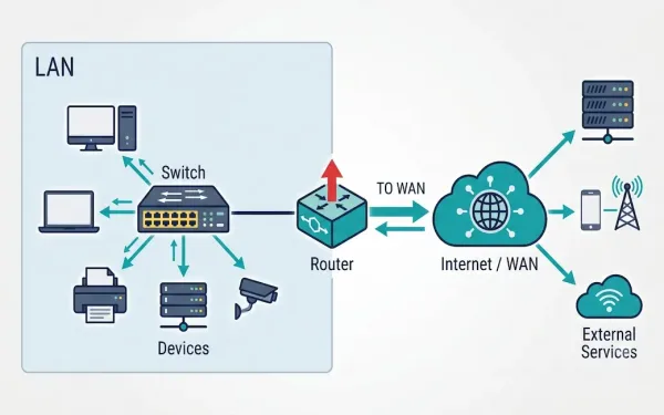 Diagram Comparing A Switch Connecting Devices Within A Lan And A Router Connecting The Lan To The Internet/Wan