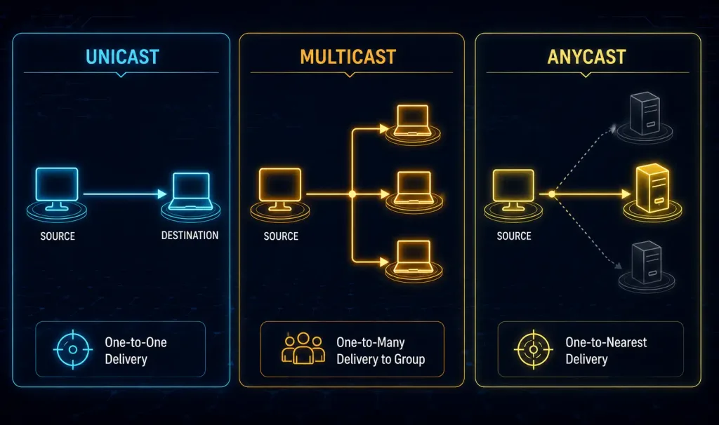 Ipv6 Address Types Explained: Unicast, Multicast, And Anycast 2 Three-Panel Comparison Showing Unicast Delivering To One Device, Multicast Delivering To All Devices In A Group, And Anycast Delivering Only To The Nearest Device In A Group