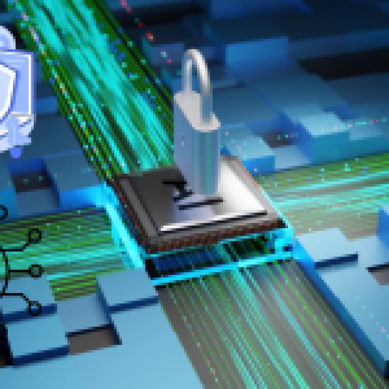 A visual representation of cybersecurity Awareness featuring a padlock on a microchip, surrounded by green data streams and security-related icons.
