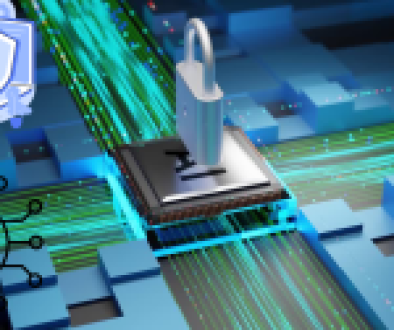 A visual representation of cybersecurity Awareness featuring a padlock on a microchip, surrounded by green data streams and security-related icons.