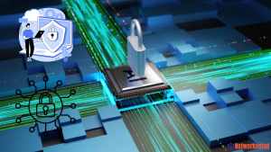 A visual representation of cybersecurity Awareness featuring a padlock on a microchip, surrounded by green data streams and security-related icons.