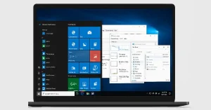 Laptop screen showing Windows 10 64-bit desktop interface with open Start menu, taskbar, and applications for enhanced performance and multitasking.