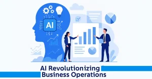 Diverse business team excited about enterprise AI dashboard showing growth charts in modern office