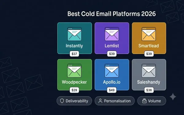 Six Cold Email Platform Comparison Cards Showing Instantly At $37/Month, Lemlist At $39/Month, Smartlead At $39/Month, Woodpecker At $29/Month, Apollo.io At $49/Month, And Saleshandy At $36/Month With Deliverability, Personalisation, And Volume Feature Comparison Pills